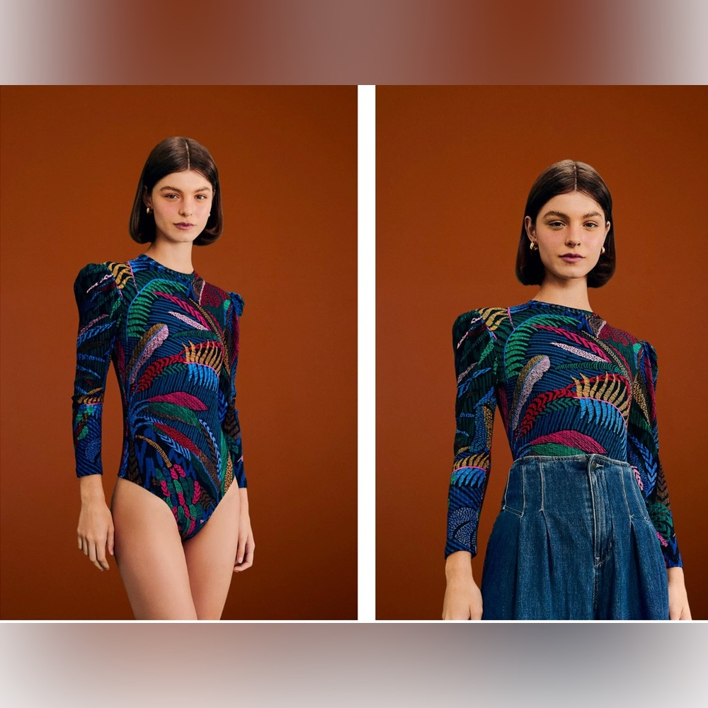 FARM Rio Multicolor Tropical Print Long-Sleeve Bodysuit